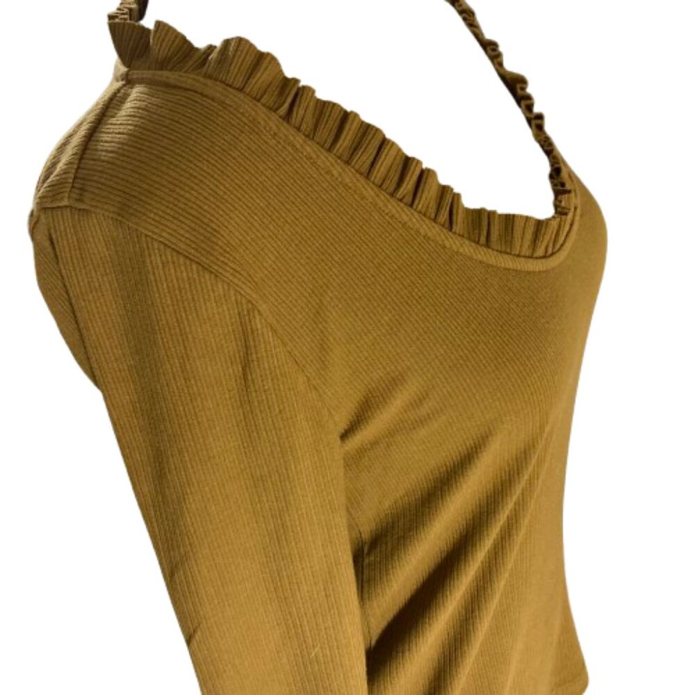 J. Crew Mustard Gold Ruffled Scoop Neck Ribbed Long Sleeve Top Stretch sz Small